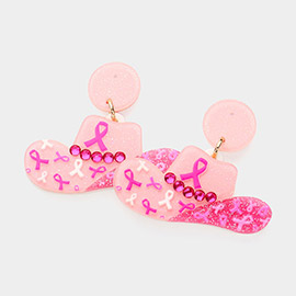 Glittered Pink Ribbon Cowboy Hat Dangle Earrings