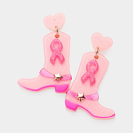 Glittered Pink Ribbon Heart Star Western Boots Dangle Earrings
