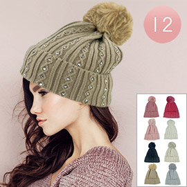 12PCS - Rhinestones Embellished Pompoms Cable Knit Winter Beanie Hat