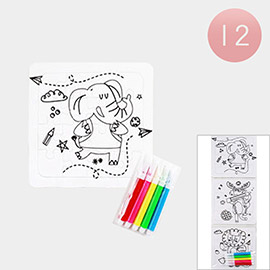 12 Set of 3 - Cute Animal Coloring Puzzle Pen Sets