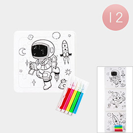 12 Set of 3 - Cute Astronaut Rocket Alien Coloring Puzzle Pen Sets