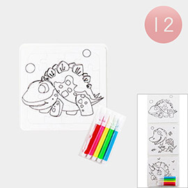 12 Set of 3 - Cute Dinosaur Coloring Puzzle Pen Sets