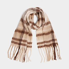 Plaid Oblong Scarf with Fringe