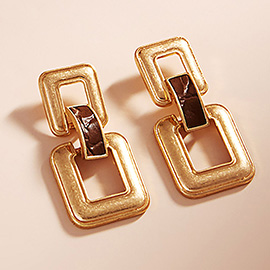 Vintage Square Link Chain with Embossed Faux Leather Earrings