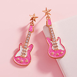 Stone Embellished Glittered Enamel Guitar Dangle Earrings