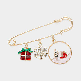 Enamel Christmas Gift Snowflake House Charm Safety Pin Brooch