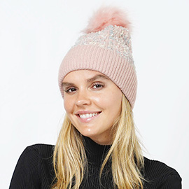 Tweed Look Pom Pom Knit Beanie Hat