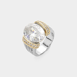 Oval CZ Stone Accented Two Tone Ring