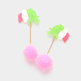 Glittered Resin Grinch Hand Pom Pom Dropdown Earrings