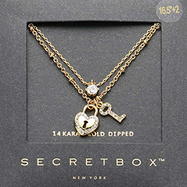 SECRET BOX_14K Gold Dipped Stone Bezel Stone Paved Lock Key Pendant Layered Necklace