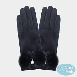 Pearl Pointed Fuzzy Bow Accented Smart Touch Gloves