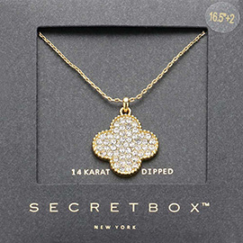 SECRET BOX_14K Gold Dipped Stone Paved Quatrefoil Pendant Necklace