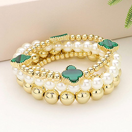 4PCS - Quatrefoil Pointed Metal Ball Pearl Beaded Stretch Multi Layered Bracelets