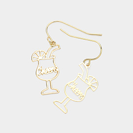 Brass Metal Cheers Message Cocktail Dangle Earrings