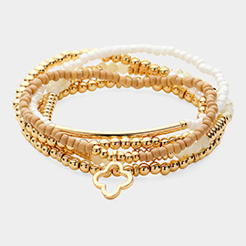 5PCS - Open Quatrefoil Charm Pointed Wood Pearl Metal Ball Beaded Stretch Multi Layered Bracelets