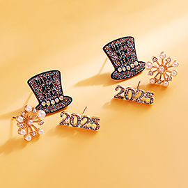 3Pairs - Firework 2025 and Party Hat Stud Earring Set