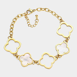 Stainless Steel Mother Of Pearl Quatrefoil Link Bracelet