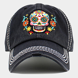 Sugar Skull Patch Accented Vintage Baseball Cap