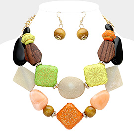 Ethnic Wood Natural Stone Beaded Layered Bib Necklace