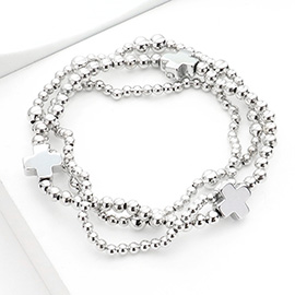 3PCS - Metal Cross Ball Beaded Stretch Multi Layered Bracelets