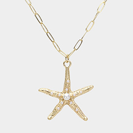 Pearl Pointed Matte Metal Starfish Pendant Necklace