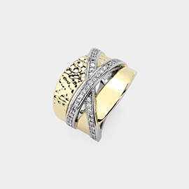 Two Tone CZ Stone Paved Crisscross Pointed Ring