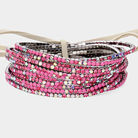 12PCS - Ribbon Colorful Rhinestone Layered Stretch Bracelets