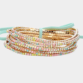 12PCS - Ribbon Colorful Rhinestone Layered Stretch Bracelets