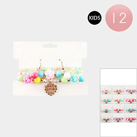 12PCS - Kids Rose Beaded LOVE Heart Charm Pointed Multi Layered Stretch Bracelets with Earrings