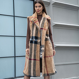 Faux Fur Teddy Bear Checkered Printed Long Vest