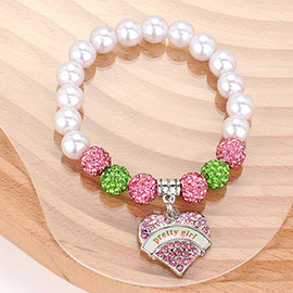 Stone Paved Pretty Girl Message Heart Sorority Charm Pointed Shamballa Ball Pearl Beaded Stretch Bracelet