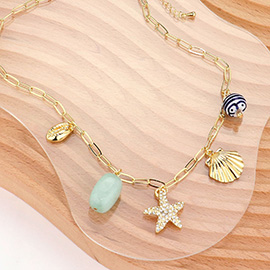 Stone Paved Starfish Puka Shell Shell Natural Stone Charm Station Paperclip Chain Necklace