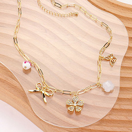 Stone Paved Flower Bow Butterfly Stone Charm Station Paperclip Chain Necklace