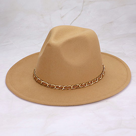 Faux Leather Braided Chain Band Pointed Fedora Hat