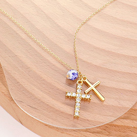 Metal Stone Paved Cross Porcelain Ball Pendant Necklace