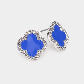 Stone Paved Rim Enamel Quatrefoil Stud Earrings