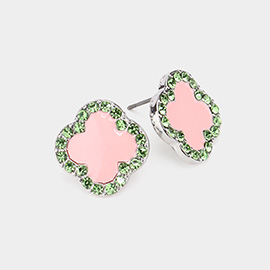 Stone Paved Rim Enamel Quatrefoil Stud Earrings