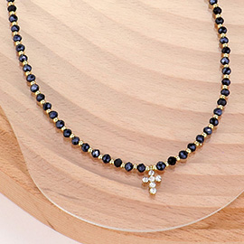 Stone Paved Cross Pendant Pointed Faceted Beaded Choker Necklace