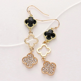 Stone Paved Stone Cluster Open Quatrefoil Link Dropdown Dangle Earrings