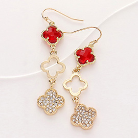 Stone Paved Stone Cluster Open Quatrefoil Link Dropdown Dangle Earrings