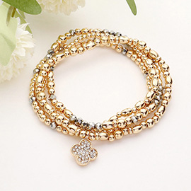 4PCS - Stone Paved Quatrefoil Pointed Metal Ball Beads Beaded Stretch Multi Layered Bracelets