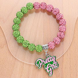 Enamel Pretty Girl Message Charm Pointed Shamballa Ball Beaded Stretch Bracelet