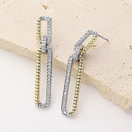 14K Gold Plated Two Tone CZ Stone Paved Paperclip Earrings