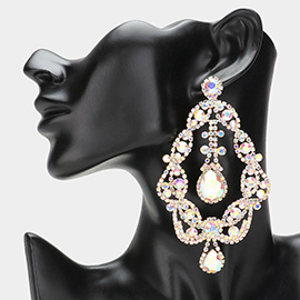 Oval Stone Cluster Pointed Rhinestone Paved Chandelier Evening Earrings