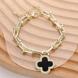 14K Gold Plated CZ Stone Paved Rim Quatrefoil Charm Bracelet