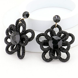 Oversized Round Stone Pointed Bling Studded Flower Dangle Earrings