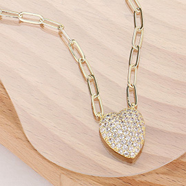 14K Gold Plated CZ Stone Paved Heart Pendant Paperclip Chain Necklace