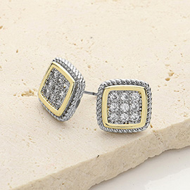 14K Gold Plated Two Tone CZ Stone Paved Square Stud Earrings