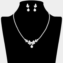 Pearl Pointed Marquise CZ Stone Cluster Embellished Rhinestone Paved Necklace