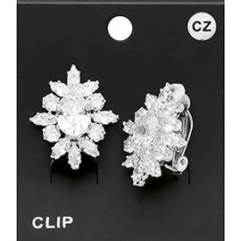 CZ Oval Stone Pointed Marquise Round Stone Trimmed Clip On Earrings